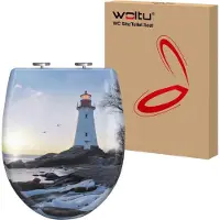 Woltu Toilettendeckel, WC Sitz mit Absenkautomatik, Klobrille, O-Form, Leuchtturm