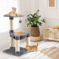 Goplus 64cm multifunktional Kratzbaum, Kletterbaum mit Katzenhängematte, Plüsch Liegematte, Plüschkugeln & Sisalpfähle, Katzenspielbaum bis zu 10 kg (Grau)