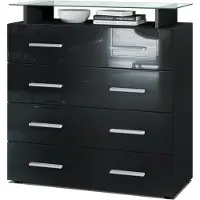 Vladon Sideboard Pavos V2, Kommode mit 4 Schubladen und Glasablage, Schwarz matt/Schwarz Hochglanz (76 x 81 x 35 cm)