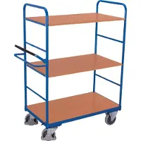 Schäfer Shop Etagenwagen, Stahl/MDF-Platte, Enzianblau/Buche-Dekor, 3 Etagen, 1000 x 600 mm, mit Totmannbremse, bis 500 kg