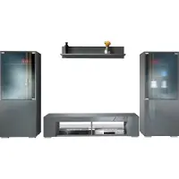 Vladon Wohnwand Nevada V2, Anbauwand bestehend aus 2 Vitrinen, 1 TV-Board und 1 Wandregal Anthrazit matt/Grau Hochglanz (304,5 x 141 x 39 cm)