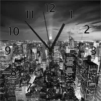 Wallario Design Wanduhr New York bei Nacht - Panoramablick über die Stadt - schwarzweiß aus Echtglas, Größe 30 x 30 cm