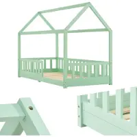 Juskys Kinderbett Marli 90 x 200 cm mit Matratze, Lattenrost & Dach - Holz Mint
