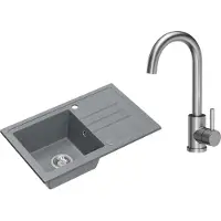 VBChome Spülbecken Granit Grau mit Armatur 70 x 44 cm Einzelbecken Einbauspüle Gesprenkelt Reversibel Granitspüle Siphon Waschbecken Armatur Inox