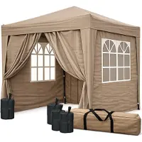 Quick Star Faltpavillon 2 x 2 m Braunbeige mit 4 Fußgewichten, 4 Easy-Klett Seitenwände (2 Reißverschlüsse, 2 Fenster), Pop Up Pavillon Faltbar, mit Tragetasche