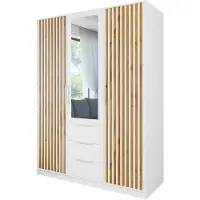 Mirjan 24 Kleiderschrank Tytus Lux D3 mit 3 Drehtüren und 3 Schubladen, mit Aluminumgriffe, Kleiderstange, Frontspiegel (Farbe: Weiß / Weiß + Eiche Wotan)