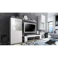 Vladon Wohnwand Movie, Anbauwand bestehend aus 1 TV-Board, 2 Vitrinen und 1 Regal, Weiß matt/Weiß matt/Weiß Hochglanz (Gesamt: 300 x 190 x 39 cm)