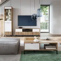 Lomadox Wohnwand Set Eiche mit weiß und Rillen Design modern RISBY-129 3-teilig mit Couchtisch