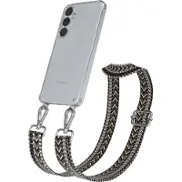 EAZY CASE Samsung Galaxy S25 Plus / S24 Plus Chain Eyelets Slim Neck Strap Set Zig Zag dark Gray - Black 15 Metall Silver