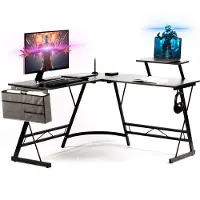 GADGY Gaming Tisch Carbon PRO 130x130cm, PC Gaming Schreibtisch, Kopfhörerhalter, Bildschirmerhöhung und Aufbewahrungskorb, Ideal als Computertisch, Steigern Sie Ihr Spiel – Black Carbon