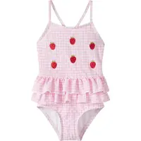 Name it Badeanzug "NMFZAMMER SWIMSUIT", Jungen, Gr. 110/116, N-Gr, rosa (cotton candy), Jersey, Elasthan, Polyamid, Polyester, gestreift, Badeanzüge Badeanzug, mit Stickerei und Rüschen