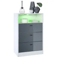 Vladon Kommode Pino V2, Germany, Anrichte mit 3 Schubladen & 1 offenem Fach, Weiß matt/Grau Hochglanz (56 x 86,5 x 36 cm), mit RGB LED-Beleuchtung