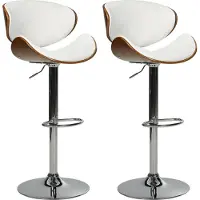 Beliani Barhocker Weiß und Silber Kunstleder Höhenverstellbar Drehbar mit Hoher Rückenlehne Holzoptik Metallgestell Fußstütze Retro Kücheninsel