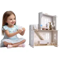 Navaris Holz Puppenhaus ab 3 Jahre - Robustes und Stabiles Design - 2 Etagen und Treppe - Dollhouse inkl. Möbel und 3 Accessoires - Puppenstube mit