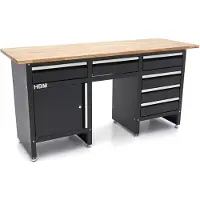 HBM Werkbank 171 cm mit 6 Schubladen und Tür, massive Holzarbeitsplatte, schwarz