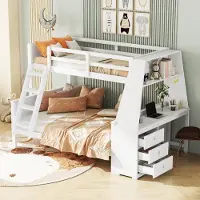 SUCCESS COURIER Etagenbett, 90×200 & 140×200 cm, Kinderbett mit Tisch, großem Stauraum, hohem Geländer & Leiterposition optional, Weiß