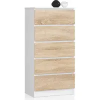Home Collective Kommode in weiß-sonoma mit 5 geräumigen Schubladen, 60 cm breit, 121 cm hoch Kommode Schlafzimmer Flur Wohnzimmer Organizer Kommode mit Schubladen Holz Highboard Sideboard Schrank