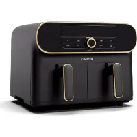 Klarstein AuraAir Color Touch Dual Heißluftfritteuse – 11L Dual-Kammer Airfryer, 1700 W, 8 Programme, Touchscreen, Weniger Fett, Antihaft, Überhitzungsschutz, Automatische Abschaltung, Schwarz/Gold