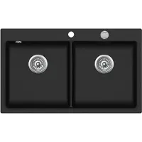 QUELLMALZ Granitspüle W-DB860 - Schwarz, Doppelbecken, ab 90er Unterschrank, 86 x 51 cm