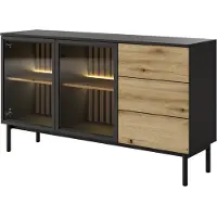Bettso Kommode Schrank mit LED-Beleuchtung Glas LANGO 150cm Schwarz + Eiche Evoke
