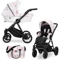 Kunert Kinderwagen IVENTO Sportwagen Babywagen Babyschale Komplettset Kinder Wagen Set 2 in 1 (Delicate Flowers, Rahmenfarbe: Schwarz)