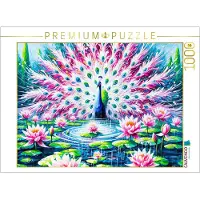 CALVENDO Puzzle Abstrakter Pfau am Teich mit Seerosen in farbenfroher Ölmalerei | 1000 Teile Lege-Größe 64x48cm Foto-Puzzle für glückliche Stunden