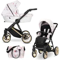 Kunert Kinderwagen IVENTO Sportwagen Babywagen Babyschale Komplettset Kinder Wagen Set 2 in 1 (Delicate Flowers, Rahmenfarbe: Gold)