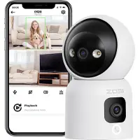 ZOSI Überwachungskamera Innen mit Dual-Linse 3MP+3MP, 2,4/5GHz WLAN, Personenerkennung und Verfolgung, Taste/OK-Geste-Anruf, Farbnachtsicht, C528D