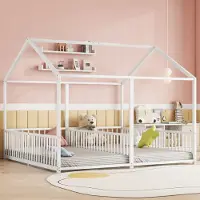 Aiorber Kinderbett, 90x200 cm, Hausmodellbau, Doppelbett Design, Sicheres Geländer, verstärkter Metallrahmen, Eisenrahmen, Metallbett, Weiß