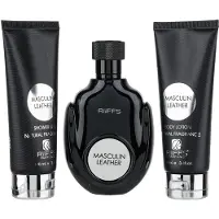 Riiffs Masculin Leather Geschenkset für Herren: Eau de Parfum 100 ml + Duschgel 100 ml + Bodylotion 100 ml