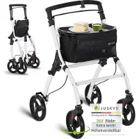 Juskys Indoor Rollator Aktiv - Tasche & Tablett - schmal & faltbar - Weiß