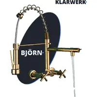 KLARWERK Björn | Gastronomie Armatur Wandmontage Gold glänzend | Küchenarmatur Edelstahl Zwei Brausen | Doppelspülbecken Wasserhahn Restaurant