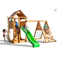 Fungoo , Spielturm "Fortress Spider+", teak, mit Rutsche, Holzdach, Griffe, Leiter, Kletterturm und Schaukel