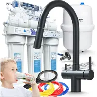 ARI Wasserfilter Set RO7 7-stufig mit 3-Wege Küchenarmatur Slender Schwarz, Mineralisierung, 75 GPD