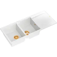 Quadron Spülbecken 2-Becken Spüle | Größe: 116 x 50 x 21 cm | EVAN 121 | Küchenspüle Granitspüle aus GraniteQ mit Siphon | Weiß & Kupfer