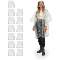 Relaxdays Regenponcho Einweg 13er Set, Einmal Regencape mit Kapuze, Erwachsene, Notfallponcho Damen, Herren, transparent