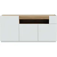 Forte LEWISVILLE Sideboard 180, minimalistisches Sideboard, 3-türig, offenes Fach, Holzwerkstoff, Wohnzimmer, Secret Grey | Valenica Eiche Holzdekor, 179,4 cm breit x 85,6 cm hoch x 41 cm tief