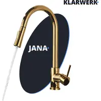 KLARWERK JANA | Premium Edelstahl ausziehbare Küchenarmatur Gold glänzend | Mischbatterie hoher Bogen | Wasserhahn Gastro Hochdruck 360° drehbar 2 Anschlüsse