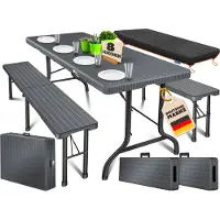 Kesser Bierzeltgarnitur 3-teilig Set Tisch & 2x Bank | Buffettisch für drinnen & draußen Gartengarnitur klappbar 183x76x74cm Kunststoff Klapptisch Gartentisch inkl. Abdeckung & Tragegriffe