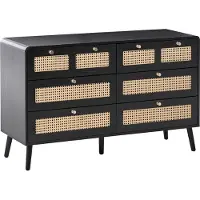 Beliani Kommode Schwarz MDF Rattan Wiener Geflecht mit 6 Schubladen Goldene Griffe Boho Stil Schlafzimmer Wohnzimmer