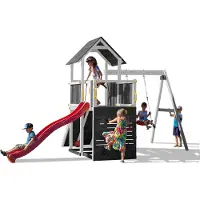 Fungoo , Spielturm "Carol 3", grau/weiß, mit Rutsche, Schaukel, Kletterwand, Rampe und Holzdach