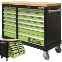 Baumarktplus Werkstattwagen DELUXE 12 Schubladen 123 cm Breite mit massiver Arbeitsplatte ohne Werkzeug