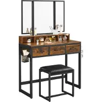 Vasagle Schminktisch, Frisiertisch mit 3-teiligem Klappspiegel Kosmetiktisch mit gepolstertem Hocker, 3 Schubladen, Industrie-Design, vintagebraun-schwarz RVT004B01
