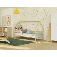 Benlemi Kinderholzbett Hausbett SAFE 3-in-1 mit Barriere 120x200 cm Transparente matte Wachslasur, Mit offenem Eingang