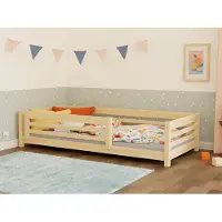 Benlemi Niedriges Kinderholzbett TULY mit Barriere 80x180 cm Beige, Mit offenem Eingang