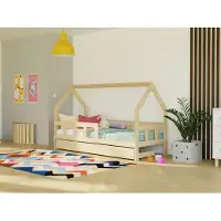 Benlemi Kinderhausbett FENCE 2-in-1 aus Holz mit Barriere und Aufbewahrungsschublade 90x200 cm Ziegel, Mit offenem Eingang