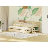 Benlemi Einzelbett FENCE 90x200 3-in-1 mit Barriere, Ausziehbett und Aufbewahrungsschublade Transparente matte Wachslasur, Mit offenem Eingang