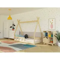 Benlemi Niedriges Hausbett FENCE 6-in-1 in Tipi-Form mit Barriere 90x200 cm Hellgrau, Mit einer Barriere
