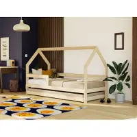 Benlemi Kinderholzbett Hausbett SAFE 3-in-1 mit Barriere und Ausziehbett 90x190 cm Marineblau, Mit offenem Eingang