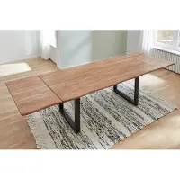 Casa Massiva Baumkantentisch 140 (220) x 90 cm Norino, Akazienholz massiv & stonefarben lackiert, Esszimmertisch inkl. 2 Ansteckplatten, echte Baumkante, Esstisch mit U-Metallgestell in Schwarz